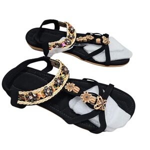 Flat Sandals Women 10 Black Bohemian Floral Rhinestone Slingback Boho Festival